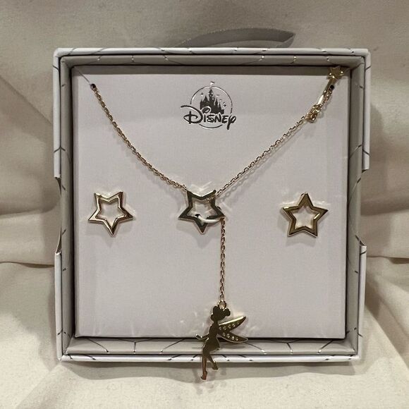 Disney Store X Tinker Bell Necklace and Earrings Box Gift Set NWT 🧚 Peter Pan - Picture 1 of 5